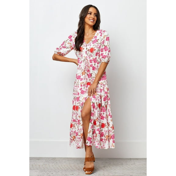 Crepe Short Sleeve Puff V-Neck Printed Tall Casual Dress