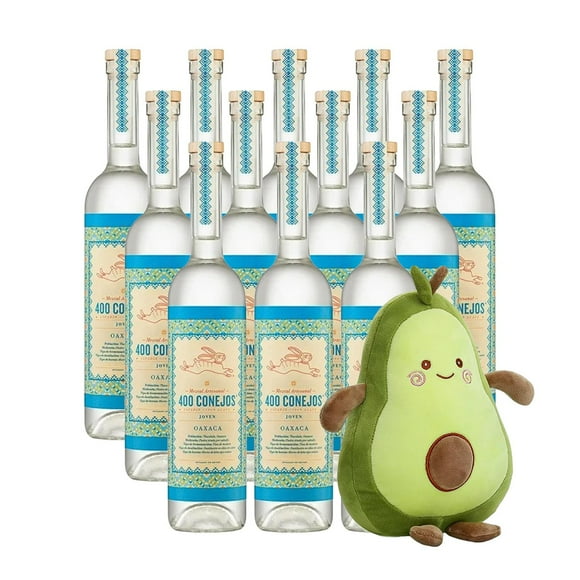 Pack de 12 Mezcal 400 Conejos Joven 750 ml Peluche Aguacate 27 cm