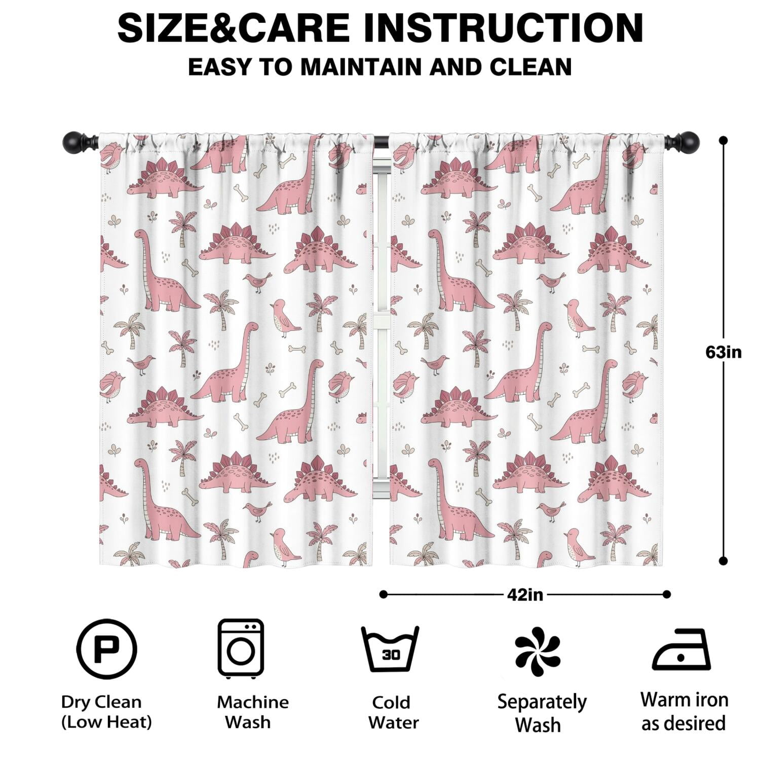 Blackout Kids Curtains,Pink Dinosaur and Bird Pattern Childrens Insulated Curtains Set Of 2,Bedroom Essentials,Toddler Room Decor 42"x63"