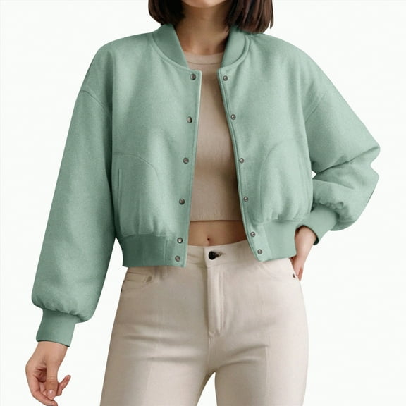 Towmus Womens Cropped Bomber Jacket Wool Blend Varsity Short Pea Coats Long Sleeve Button Down Winter Casual Outerwear