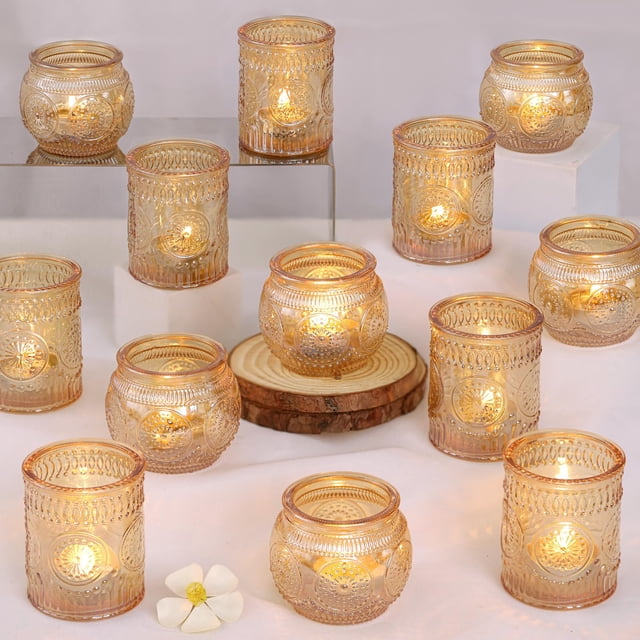 Juego de 24 portavelas votivos DARJEN de cristal dorado