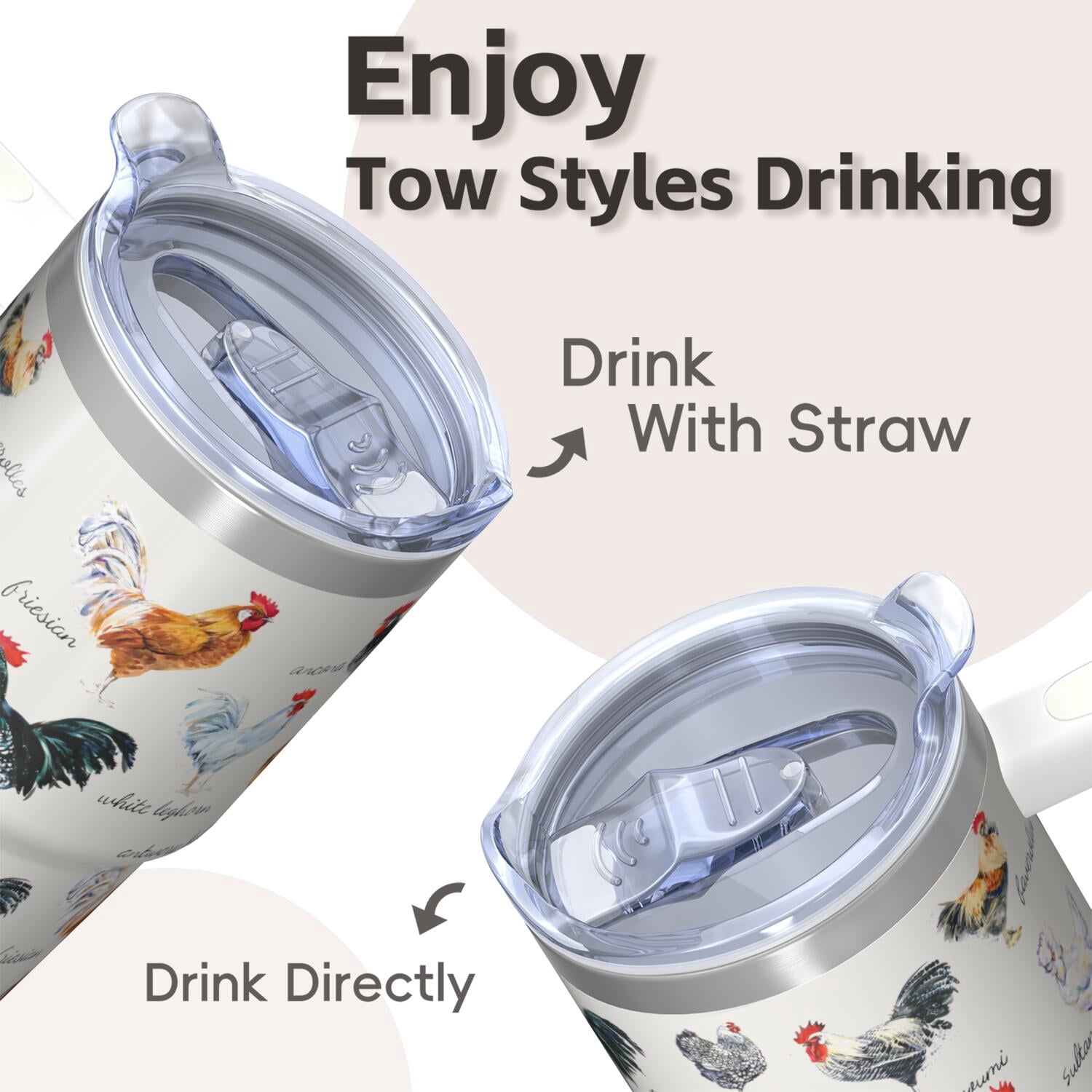 20oz Hen Chicken Tumbler with Handle Insulated Travel Mug Cool Birthday Christmas Gift for Chicken Lovers Women Men Cup Holder Friendly Wide Mouth for Ice Hot Tea Cold Water On the Go Trips