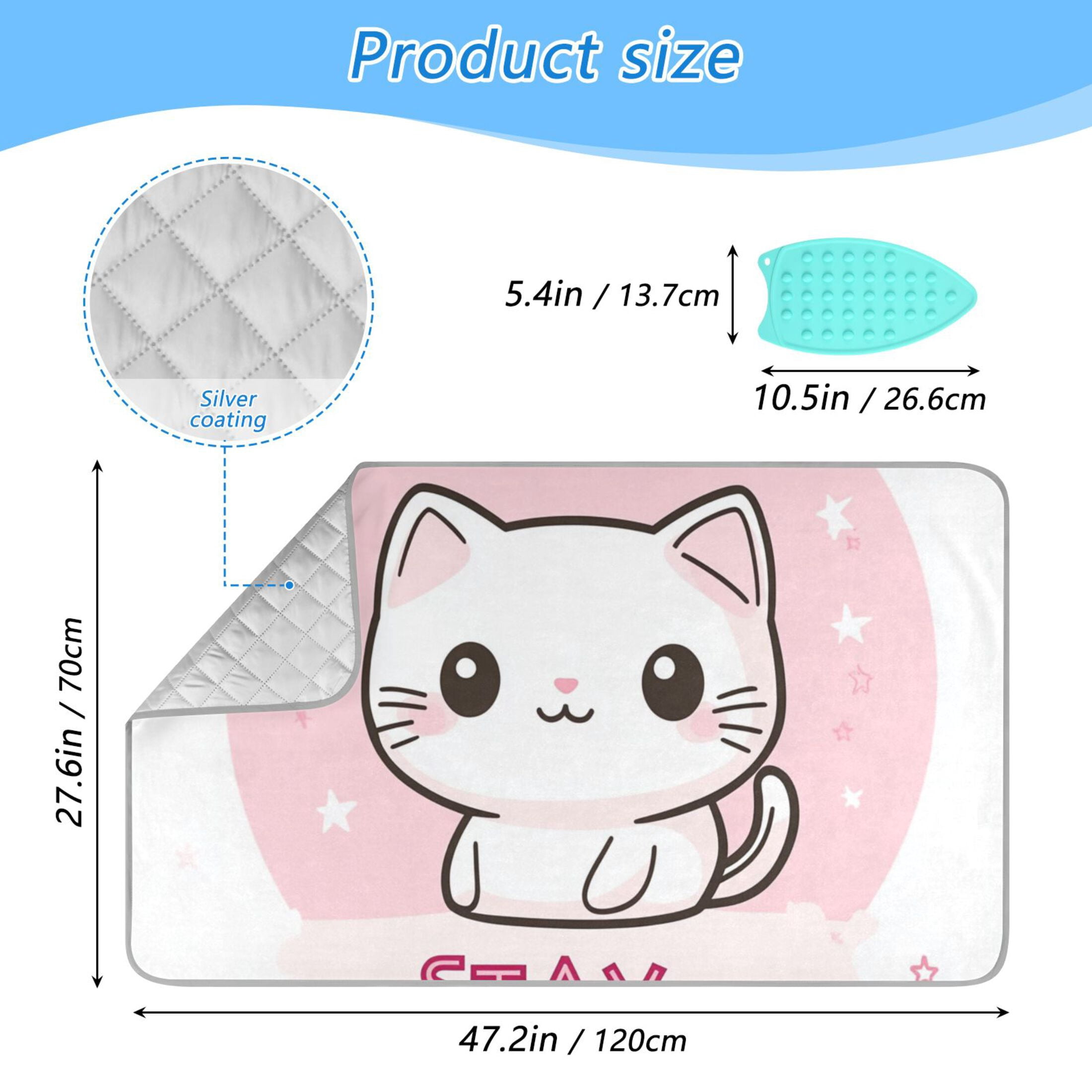 Cute White Cat Stay Cool Stars Ironing Mat Blanket Portable Travel Ironing Pad Heat Resistant Pad 47.2" x 27.6”