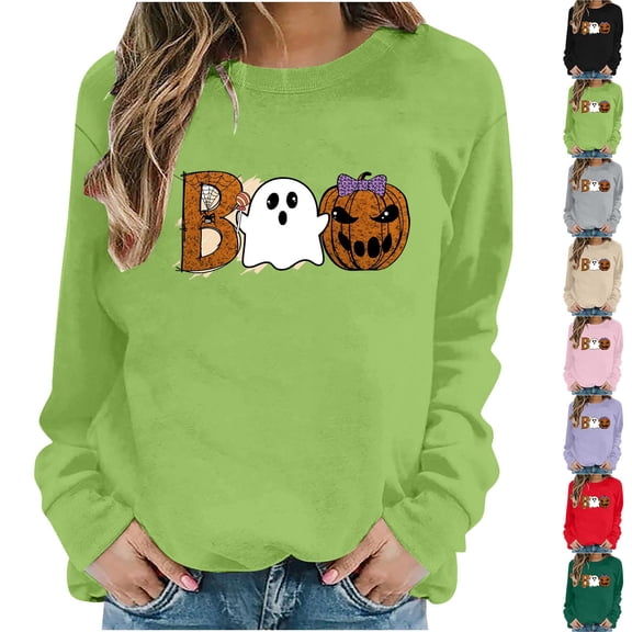 Jsaierl Halloween Sweatshirts Women Funny Pumpkin Graphic Pullovers Soft Classic Round Neck Long Sleeve Sweater Tops Halloween Party Supplies, Sizes S-2XL