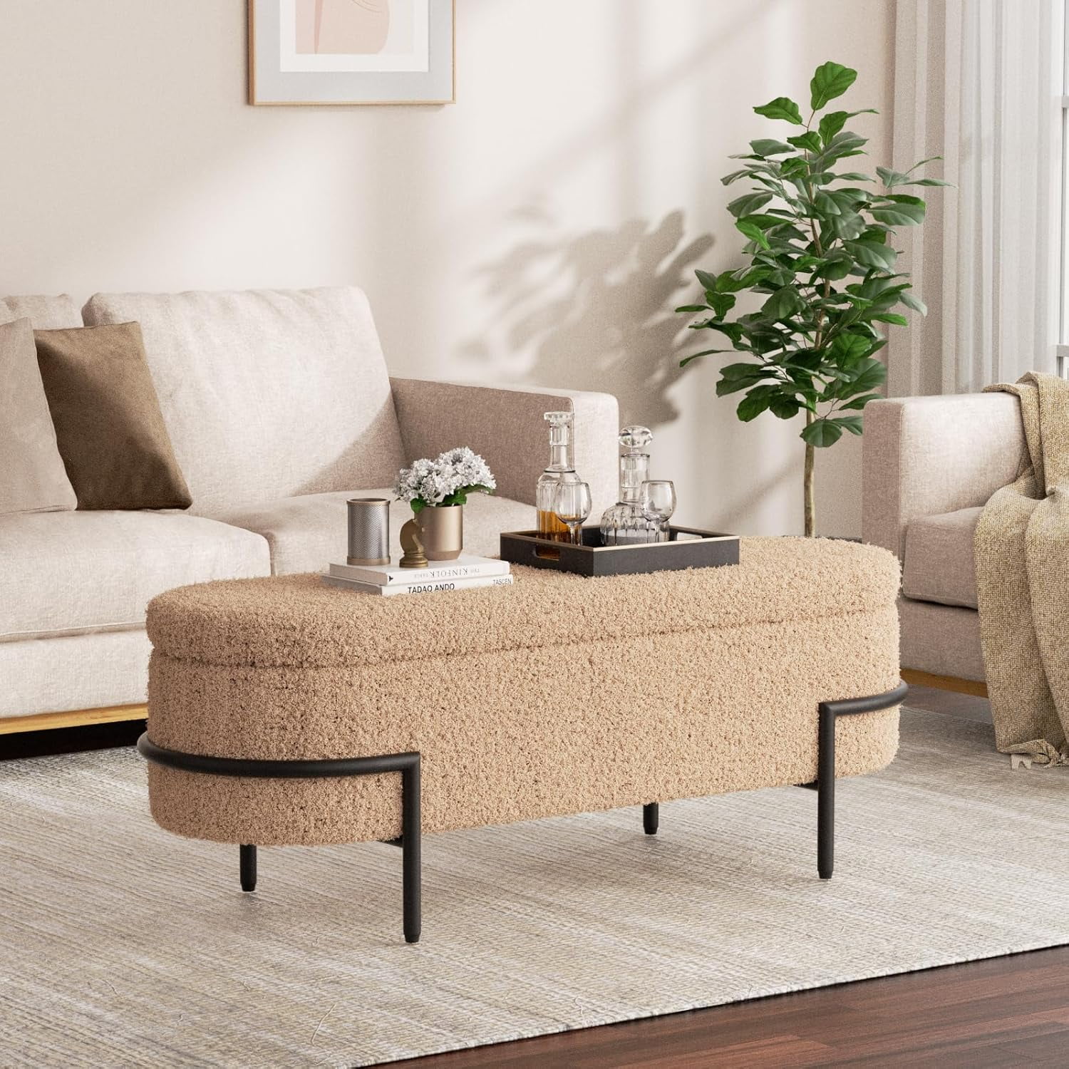 VEANERWOOD Storage Ottoman Bench Bedroom Bench Holds Up To 600lb, 45.3''Sherpa Upholstered Footstool Bench with Metal Legs for Entryway, Living Room Bedroom,
