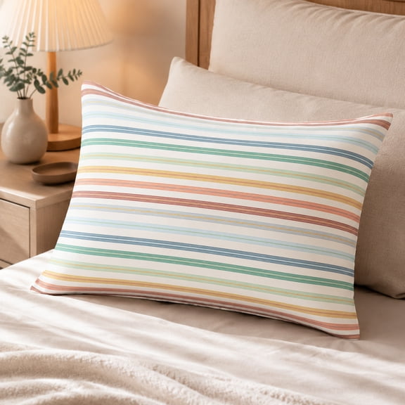 Washed Cotton Striped Pillowcases Covers,Standard Queen Pillow Covers Envelope Closure,Cotton Pillow Cases Rainbow Pinstripe,Soft Breathable Bedding for Comfortable Sleep