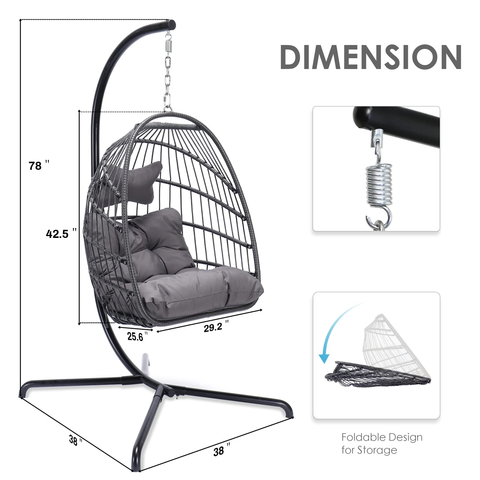 Nicesoul Swing Egg Chair Wicker Hanging Chair With Stand Color Dark Grey Maximum Weight 350lbs