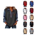 thumbnail image 1 of Hauts à Manches Longues pour Femmes 2026 Printemps Mode Bouton Col en V Col à Revers Patchwork en Denim Chemise Décontractée Blouse, 1 of 7
