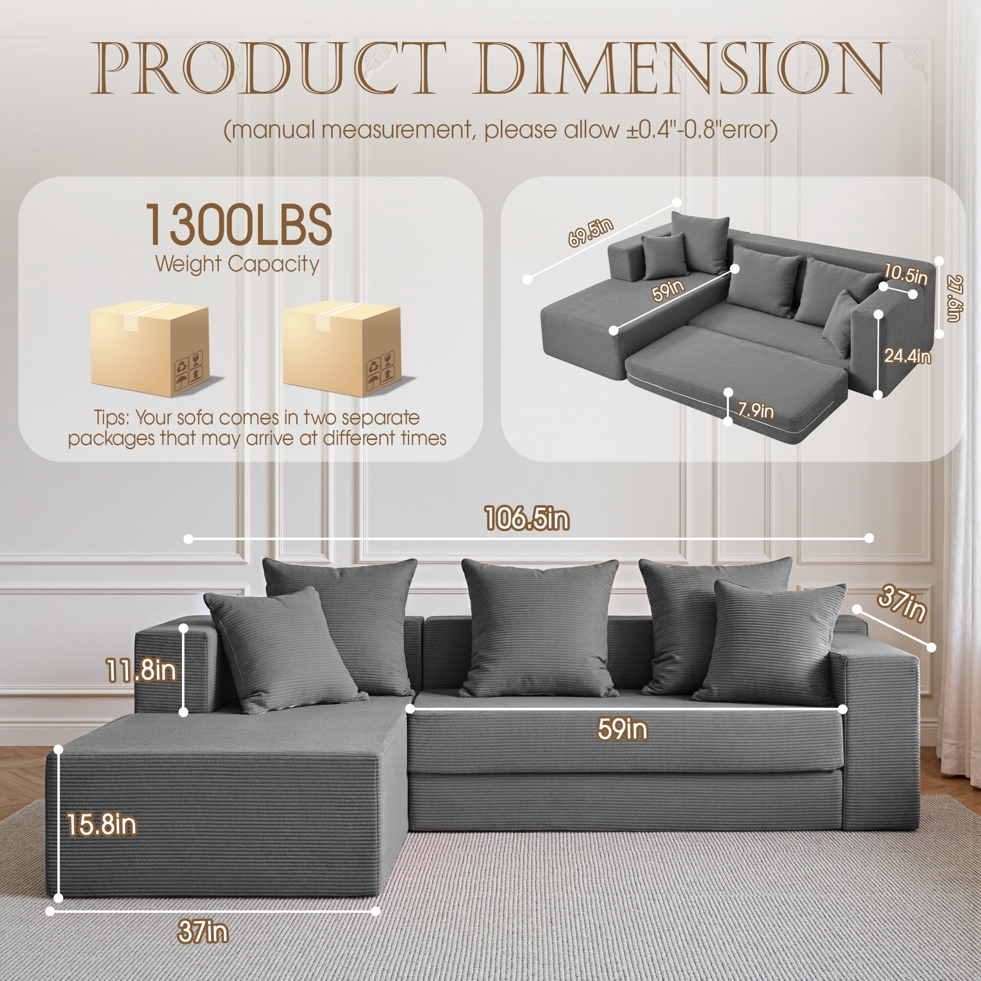 YINIX 106.5" Modular Sectional Sofa for Living Room , Cloud L-Shaped Sofa Couch with Deep Seating Upholstered, Gray