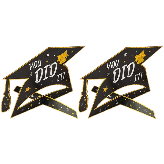 OULII 2Pcs Graduation Doctoral Cap Table Decor Black Paper Graduation Party Centerpieces for 2023 Celebration