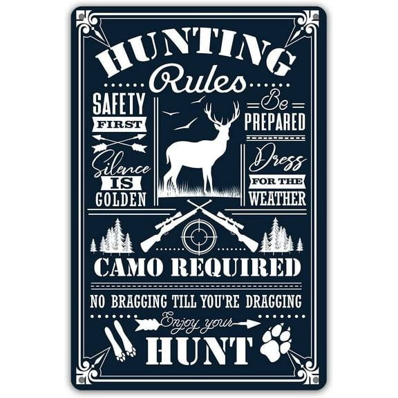 MUCHENGGIFT Funny Hunting Rules Metal Tin Sign Wall Decor Safety First Silence is Golden Retro Sign for Home Decor Gifts