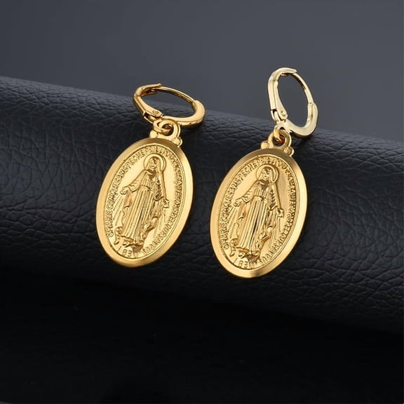 14K Yellow Gold Virgin Mary Cross Drop Dangle Earrings For Women Ladies Earrings Religious Christian Jewelry Brincos