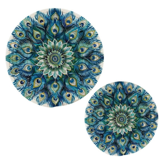 Peacock Feathers Mandala Pot Holders Trivets Set of 2 Cotton Hot Pads Mats for Hot Dishes Pots Pans Kitchen Cooking 7" 9.5"