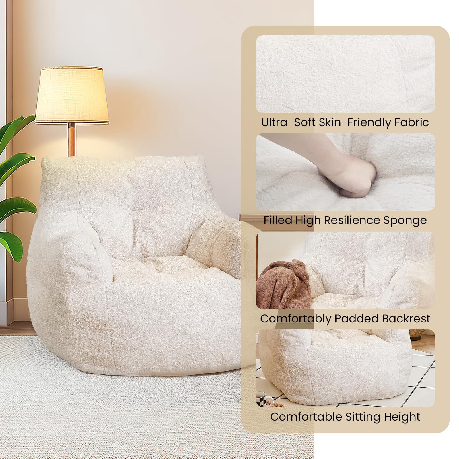 Baxluxe Bean Bag Chairs for Adults Kids Comfy Reading Chair Living Room Couch Home Sofa with Armrest Bean Bag Sofa with Filler Memory Foam Fluffy Lazy Sofa