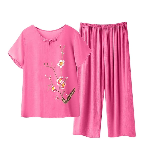 Utoimkio Cotton Linen Pajama Sets for Women Short Sleeve Sleepwear Tops and Pajama Pants Two Piece Home Soft Comfortable Loungewear Casual Print Pjs Shorts Set