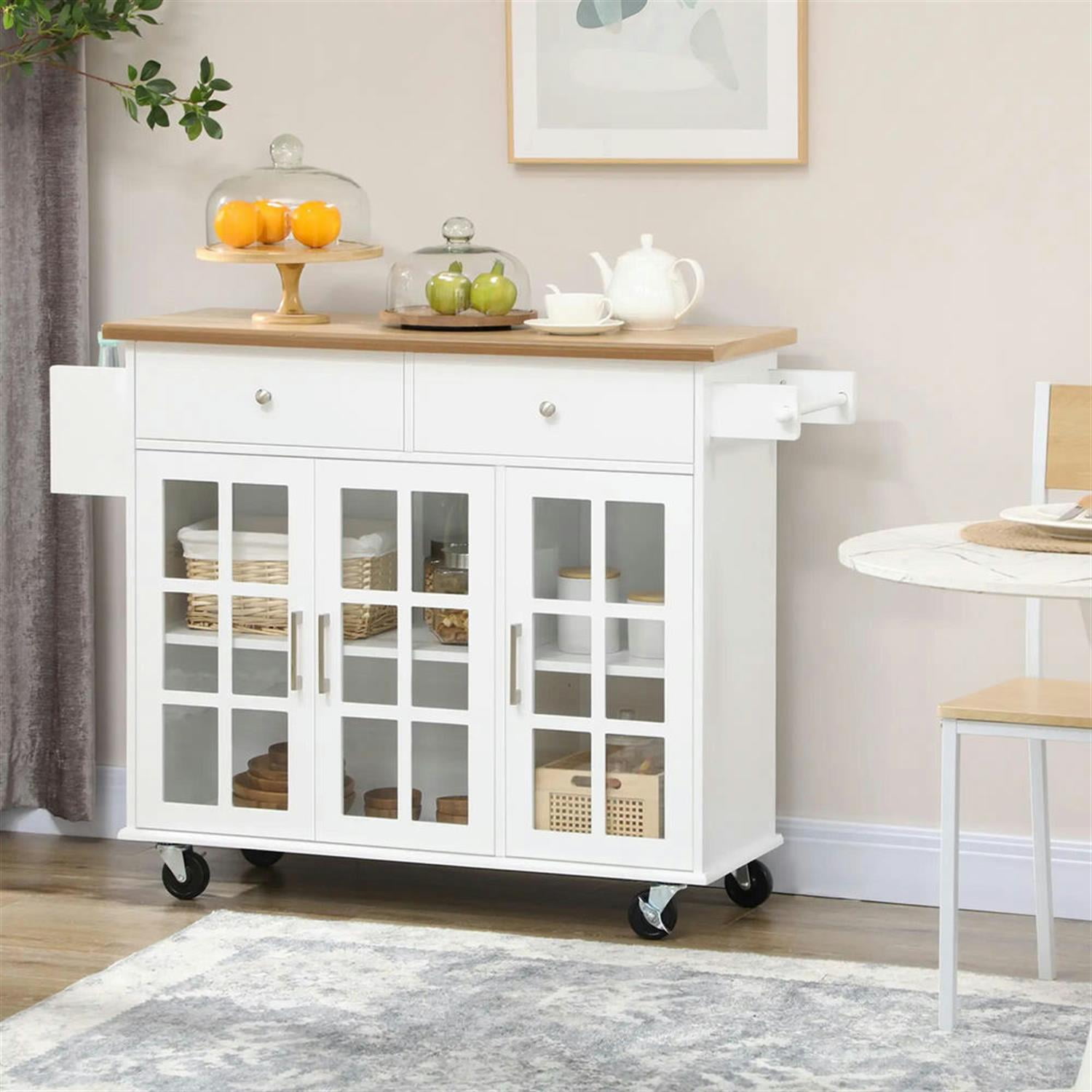 Demi Bonn 38" Kitchen Island Cart on Wheels with Storage, Rolling Dining Room Serving Utility Carts Mobile Movable with Wood Top and Drawer for Dining Room, White