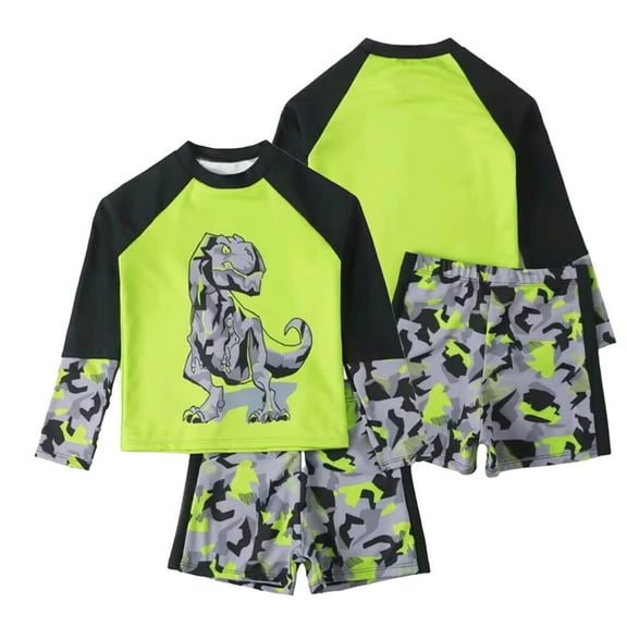 LYMAYTER 7-11 Years Boys Swimsuits Outfit Cartoon Printed Long Sleeve Swimwear Tops and Flat Angle Shorts 2PCS Set for Kids Summer Bathing Suit