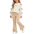 thumbnail image 2 of BXJX Girls Outfit Sets 2 Piece, Crew Neck Long Sleeve Spring Fall Bow Decor Kids Sweatshirts and Flare Pants Sets Khaki Size 5-6 T, 2 of 8