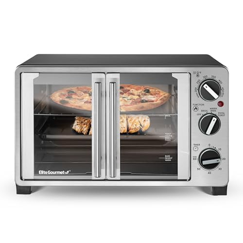 Elite Gourmet ETO2530M Double French Door Countertop Toaster Oven, Bake, Broil, Toast, Keep Warm, Fits 12" pizza, 25L capacity, Stainless Steel & Black