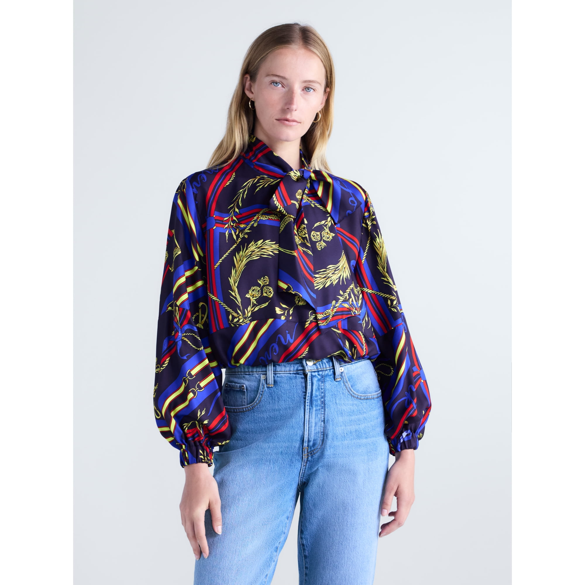 Free Assembly Women's Silk Tie Neck Top with Long Sleeves, Sizes XXS-XL