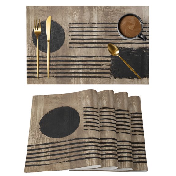Abstract Placemats Set of 2, Geometric Black Circle Horizontal Line Brown Textured Non-Slip Place Mats Washable Table Mats for Kitchen Dining Table Decorations Indoor/Outdoor