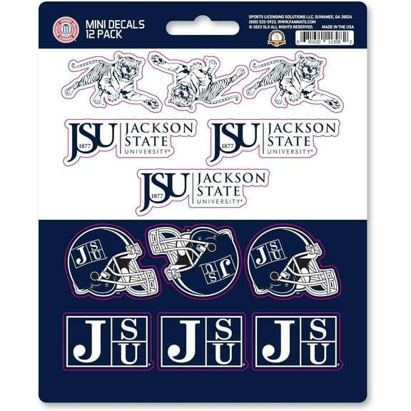 Jackson State University Tigers 12-Piece Mini Decal Sticker Set, 5x6 Inch Sheet, Gift for football fans for any hard surfaces around home, automotive, personal items