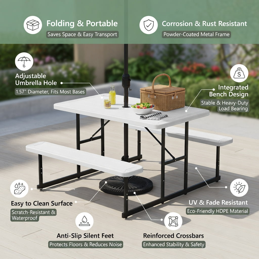 Hommoo Outdoor Picnic Table and Bench Set for 2-4 People, Rectangular HDPE Dining Table with Metal Frame, Weather-Resistant & Easy-Clean Design, White