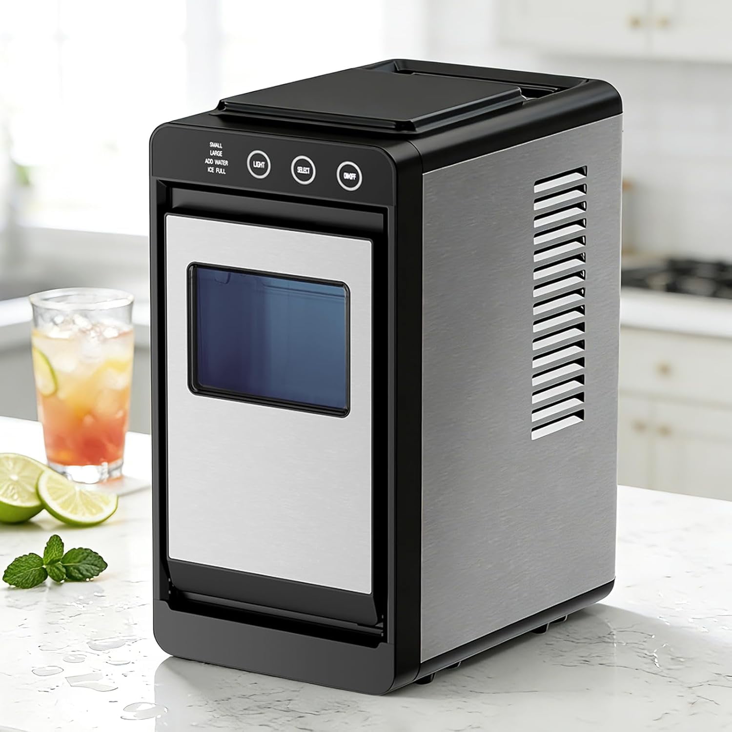 Ice Makers Countertop,26Lbs/24H,8Pcs in 6Mins,Portable Ice Maker Machine with 0.8 L Water Tank,Self-Cleaning,Interior Lighting,2 Sizes of Bullet Ice for Home/Kitchen/RV/Camping(Stainless Steel)