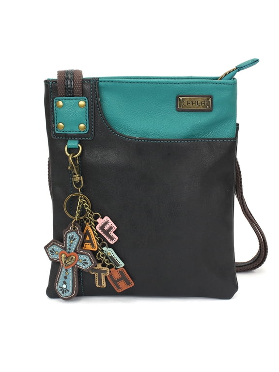 Swing Crossbody Small Purse with Blue Cross Charm with Love Letters- Black (Chevron Cross)