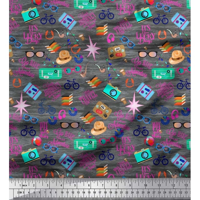 Soimoi Modal Satin Fabric Camera,Hat & Briefcase Travel Print Fabric by Yard 42 Inch Wide