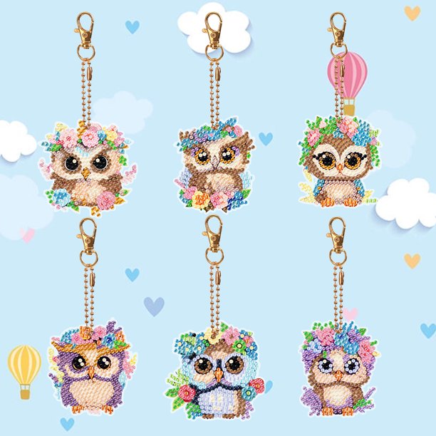 Cuadros Decorativos Wdftyju Llaveros de arte de diamantes DIY flor de búho de doble cara 6 uds
