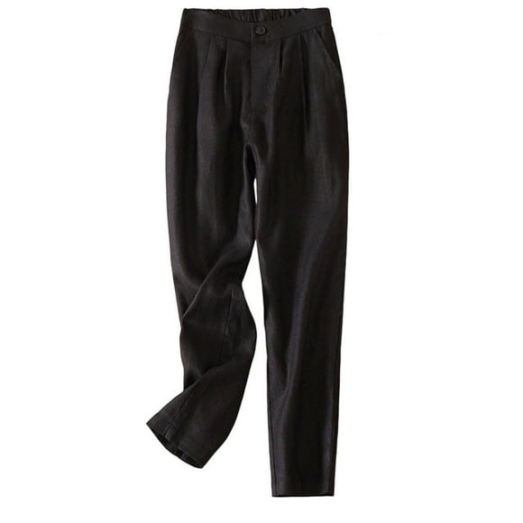 Timegard Cotton Linen Pants for Women Elastic High Waisted Button Ruched Casual Trousers with Pockets