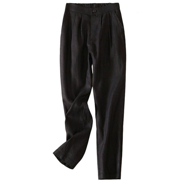 Timegard Cotton Linen Pants for Women Elastic High Waisted Button Ruched Casual Trousers with Pockets