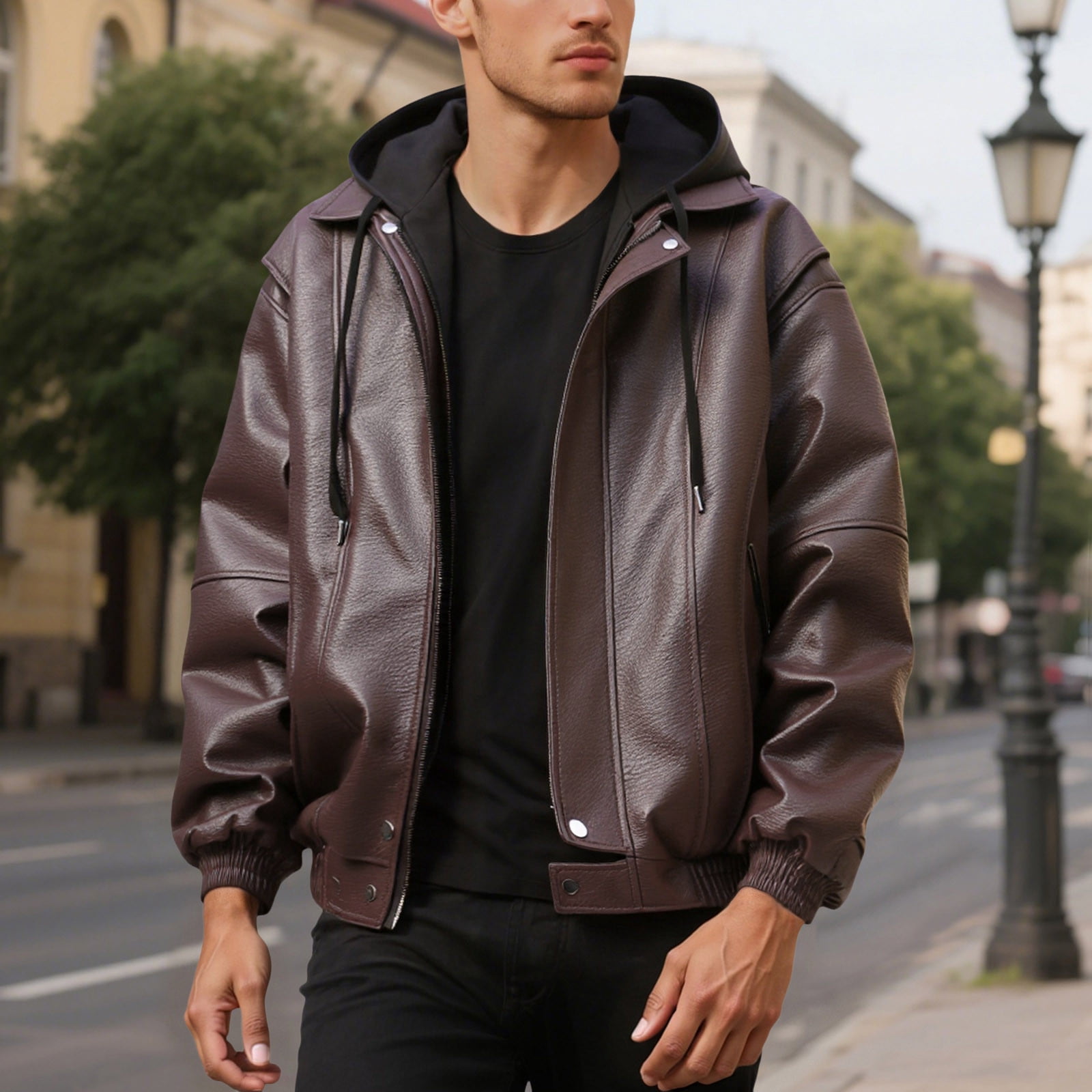 Wuxian Mens Casual Leather Jacket Slim Fit Full Zip Up Stand Collar Long Sleeve Lightweight Motorcycle Style Outerwear Coat With Pockets Stylish Cozy Streetwear,Coffee,M