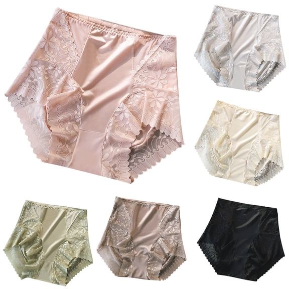 Ashirexll Ladies Underwear Panties, High Waisted Underwear for Women, Mid High Waist Lace Hip Lift Tummy Control Ice Silk Satin Seamless Sports Panties