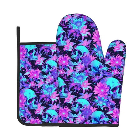 

Tebeau Flower Happy Skull Print Oven Mitts and Pan Racks 2-Piece Set Kitchen Oven Mitts and Pan Racks Heat Resistant 500 °F for Baking and Cooking