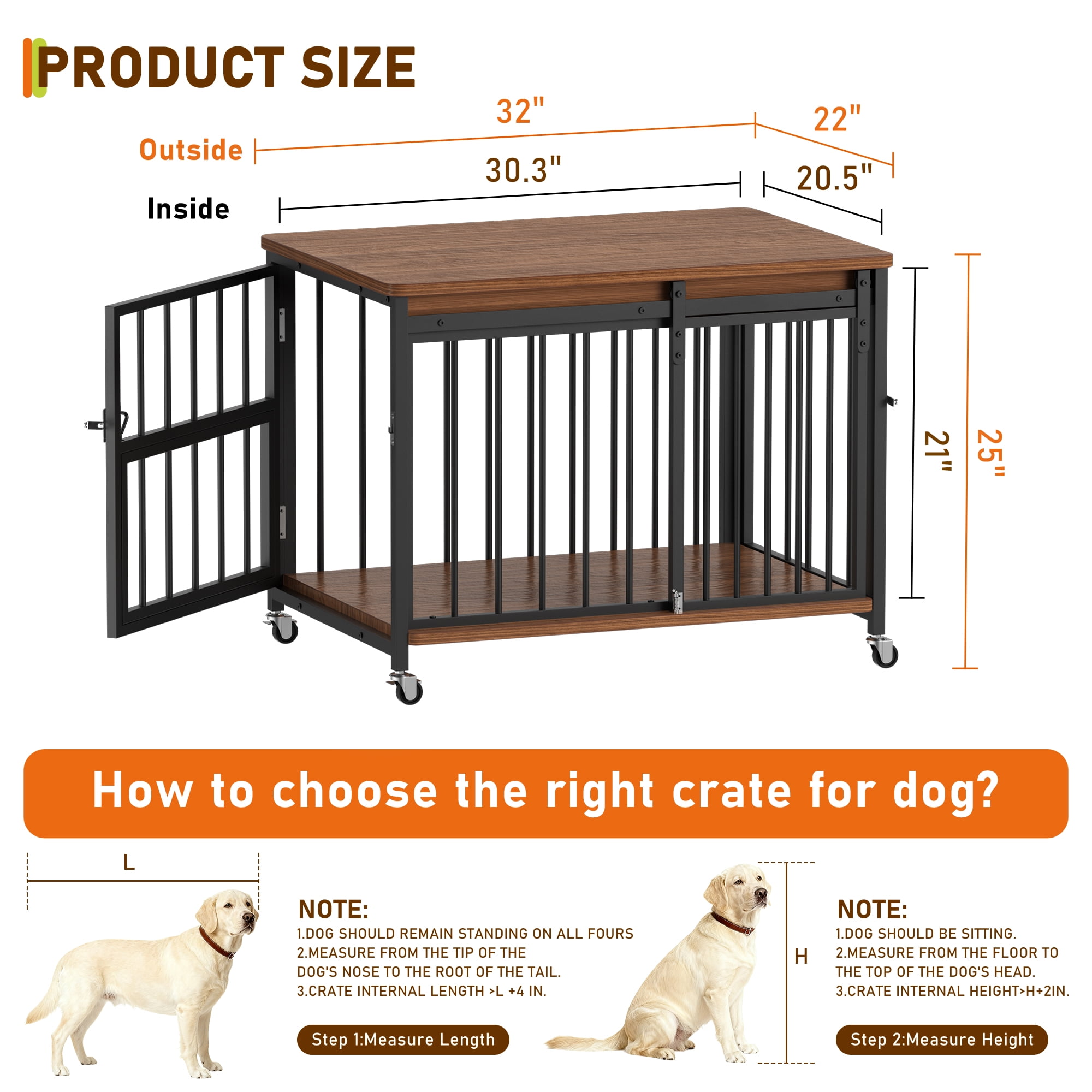 Cofiyard Dog Crate Furniture, 32" Wooden Dog Kennel Indoor with Sliding Front Door, Multi-Side Openings & Feeding Window Pet Cage House, Brown End Table, S