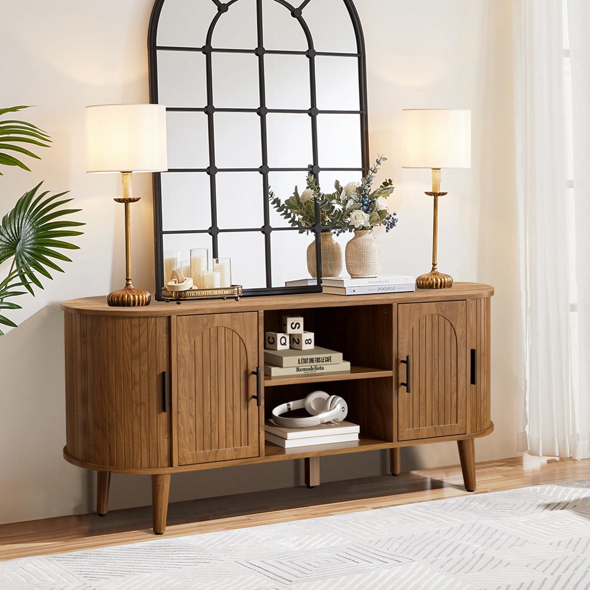 51" Fluted TV Stand, Mid-Century Entertainment Center for 60" TVs with Drawers & Sliding Doors, Curved Media Console