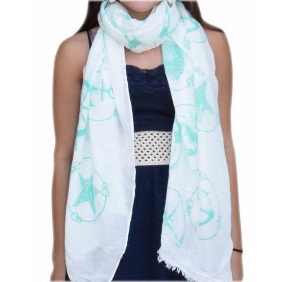 Peach Couture All Season's Nautical Shell Seahorse design Light Fringe Shawl Scarf