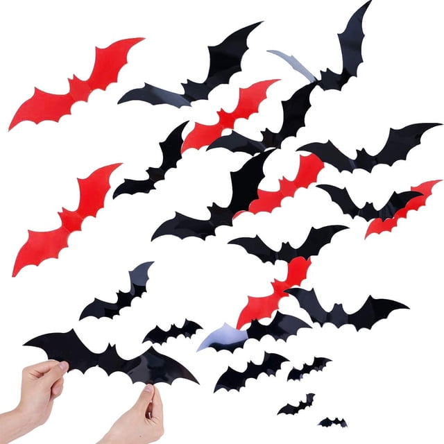 24 Uds conjunto de murciélagos de Halloween pegatina de pared de murciélago calcomanías 3D de Halloween para decoración de pared de ventana del hogar DIY BRI Rojo Verde