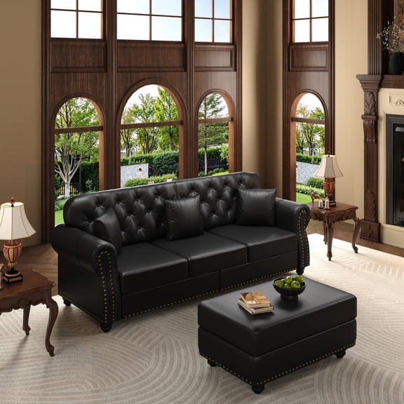 Noble House 82.6" Upholstered Faux Leather Chesterfield Sofa, Button Tufted Couch with Pillows and Nailheads, Black