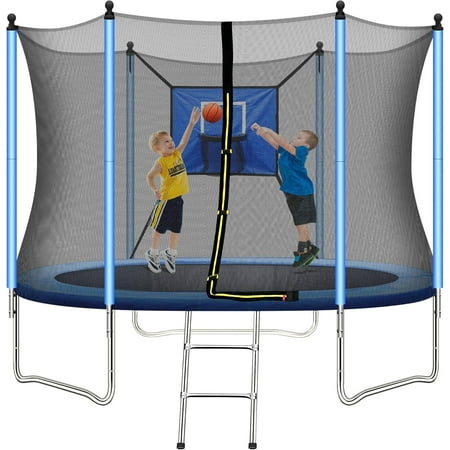 8 FT Outdoor Trampoline, Fitness Trampoline with Basketball Hoop, 2 Steps Ladder and Safe Enclosure Net, Recreational Trampoline for Children, Adults, Outdoor, Park, Kindergarten, Backyard