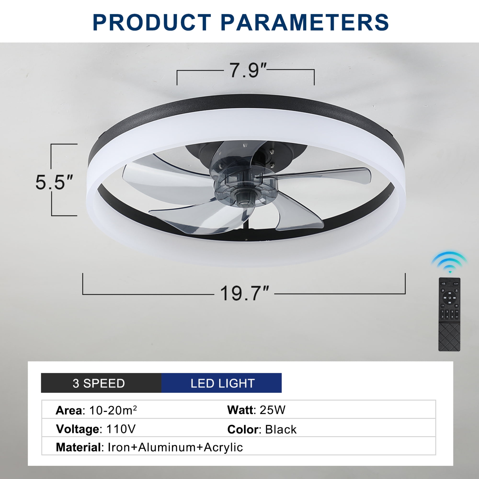 Leumius 20" Ceiling Fan with Light, Upgraded Low Profile Fan, Flush Mount Ceiling Fan, 6 Speeds, Dimmable LED, App & Remote Control, Quiet DC Motor, for Bedroom, Living Room,Black