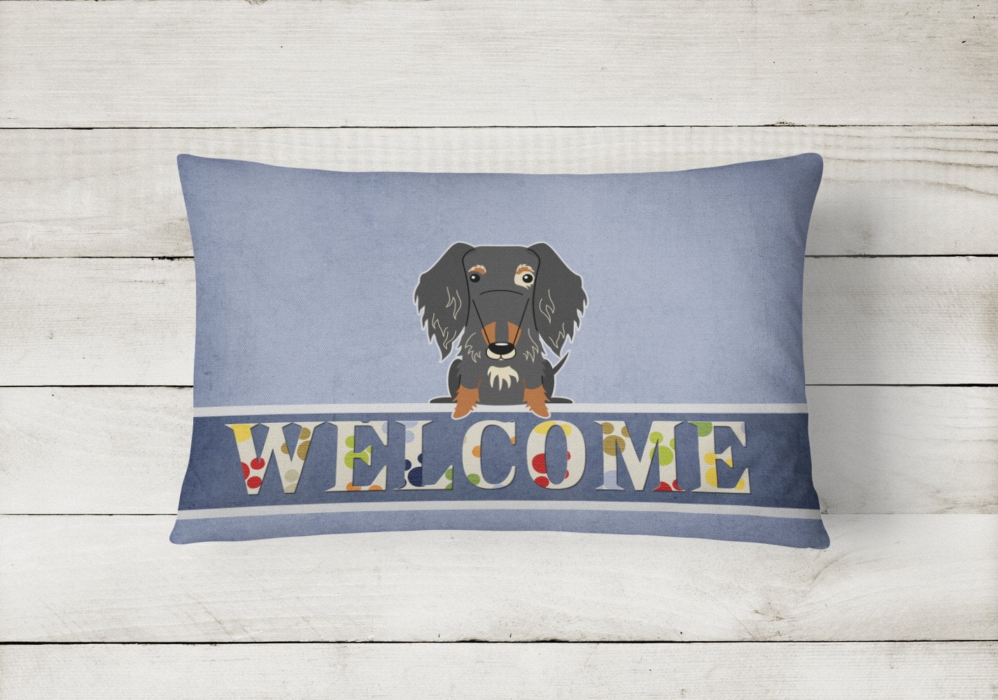 Carolines Treasures BB5709PW1216 Wire Haired Dachshund Dapple Welcome Canvas Fabric Decorative Pillow, 12H x16W,