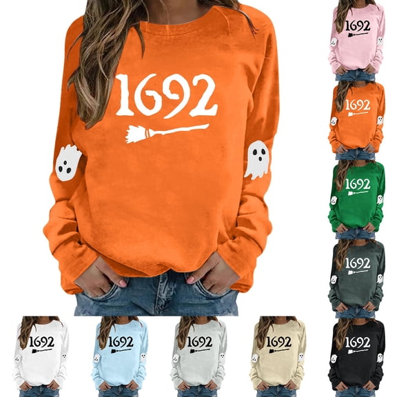 IDOCLOTHES Halloween Sweatshirt Women 2026 Trendy 1692 Salem Witch Printed Long Sleeve Halloween Tops for Women Fashion Clothing Womens Fall Outfits Grey, S