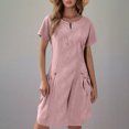 thumbnail image 3 of Tshirt Dress Women Cotton Linen Short Sleeve Crewneck Quarter Zip Midi Dress Casual Summer Dress with Pockets, 3 of 6