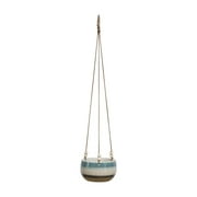Creative Co-Op Blue, White & Brown Striped Stoneware Cotton Rope & Wood Beads Hanging Planter, Multicolored