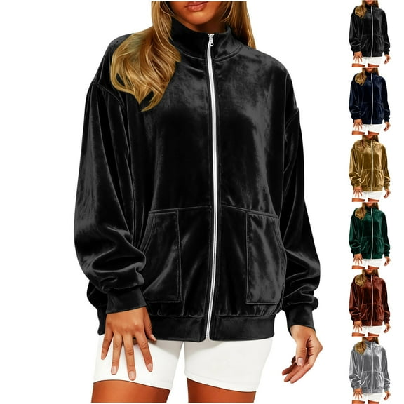 Inverlee Womens Velvet Plus Size Coat Cuff Solid Long Sleeve Jacket Zip up Turtle Neck Outerwear
