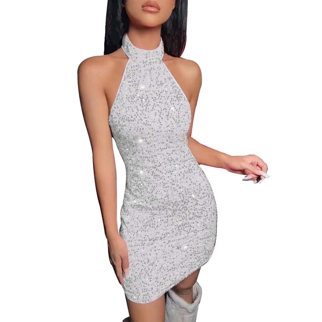 Womens Dress plus Size formal Dress Ladies Solid Color Glitter V Neck Backless Sleeveless Ruched Sequin Bodycon Mini Dress Adult Female Clothes White Size M
