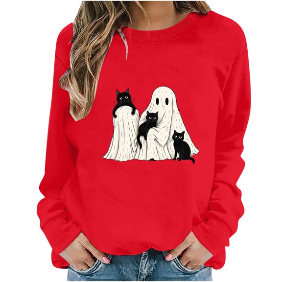 Hurxie Halloween Women Sweatshirt Funny Graphic Pullover Crewneck Long Sleeve Fall Shirts Top